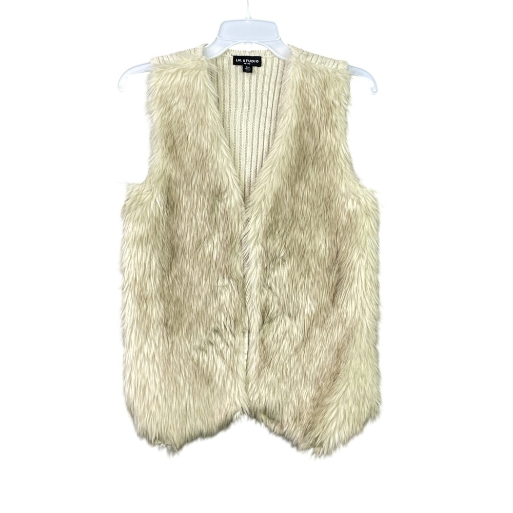 IN Studio Faux Fur Knit Vest Women's Petite Medium Cream Ribbed Back Boho Shag